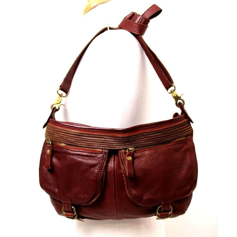 TANO BROWN GENUINE LEATHER MULTI ZIP DECOR X-BODY SHOULDER BAG PURSE HANDBAG
